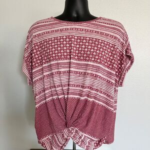 Lucky Brand Boho Shirt Womens XL Short Sleeve Pink Twist Maroon Pattern NWT